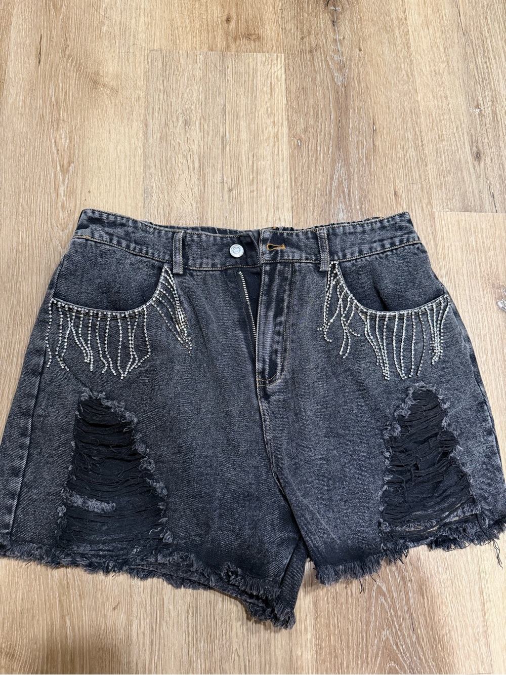 Women's Black Distressed Denim Shorts with Rhinestone Fringe